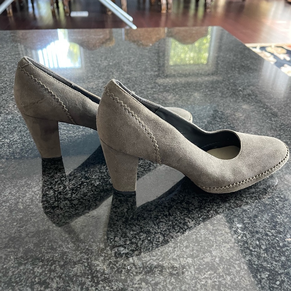 What’s What suede heels sea foam color